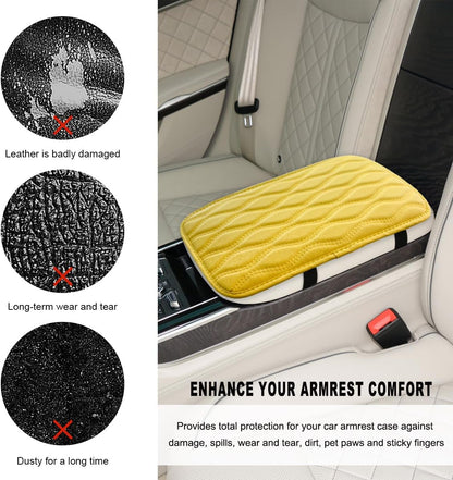 Car Center Console Pad, Waterproof Leather Armrest Seat Box Cover Protector, Non-Slip Middle Console Cushion Pad Interior Decor Fits Most Vehicles, Car Accessories (Yellow)