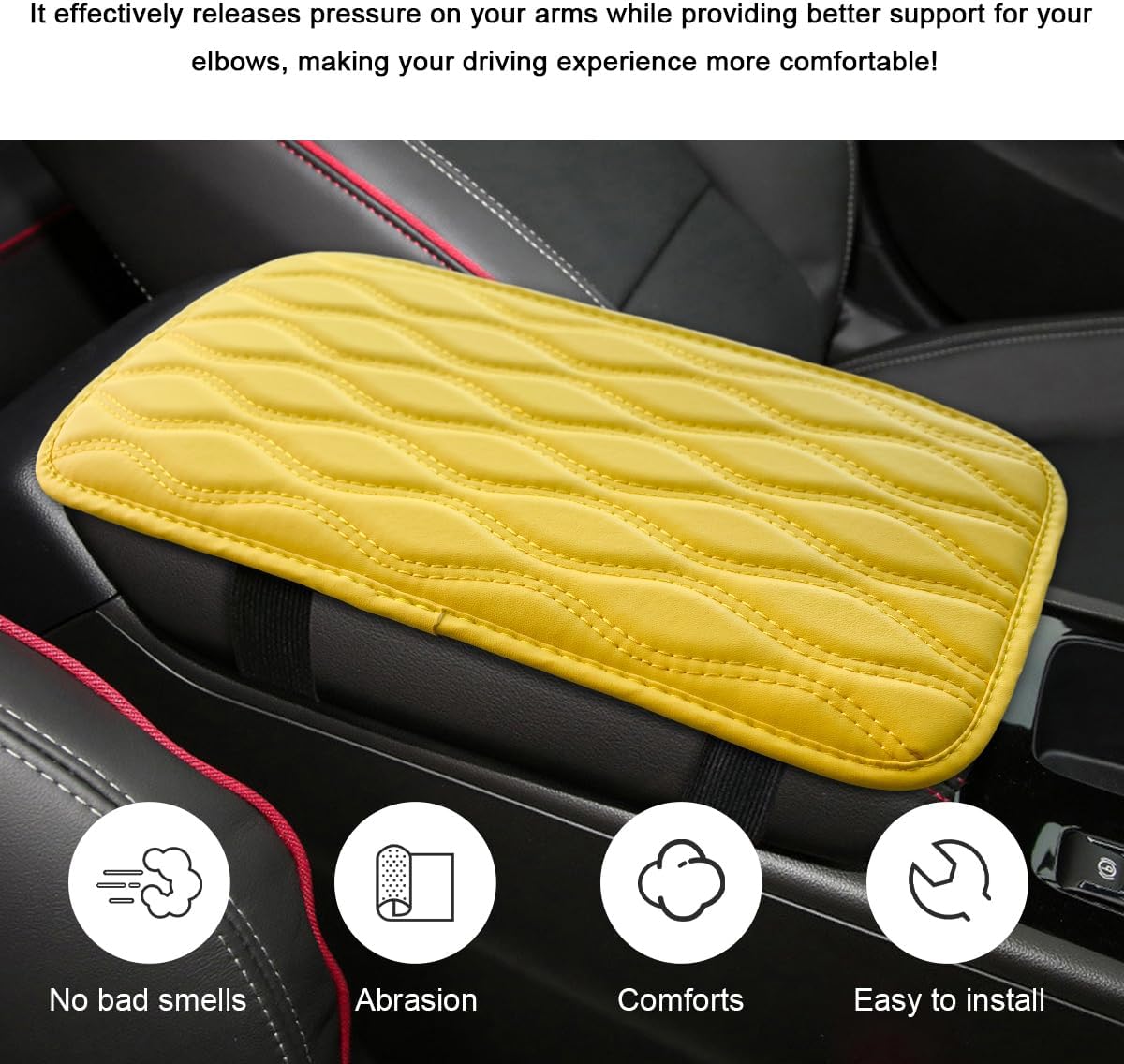 Car Center Console Pad, Waterproof Leather Armrest Seat Box Cover Protector, Non-Slip Middle Console Cushion Pad Interior Decor Fits Most Vehicles, Car Accessories (Yellow)