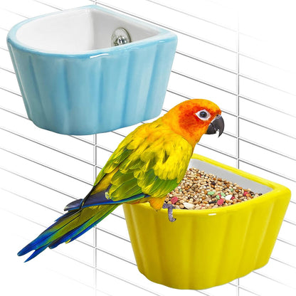 2 Pcs Bird Cage Feeder Ceramic Pet Bird Bowls Parrot Feeding Dish Hanging Parrot Food Bowl for Budgie Finches Lovebirds Parakeet Cockatiels (Blue & Yellow)