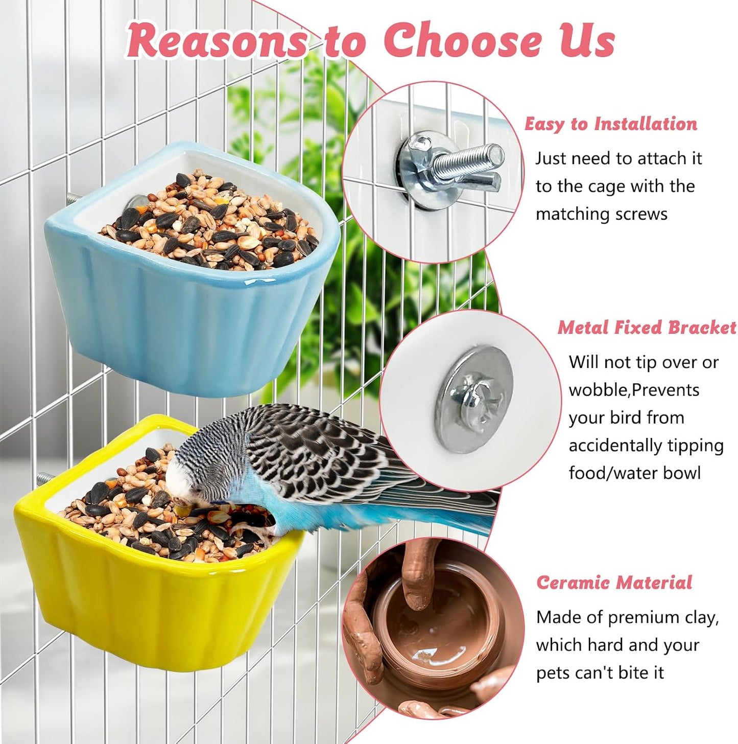 2 Pcs Bird Cage Feeder Ceramic Pet Bird Bowls Parrot Feeding Dish Hanging Parrot Food Bowl for Budgie Finches Lovebirds Parakeet Cockatiels (Blue & Yellow)