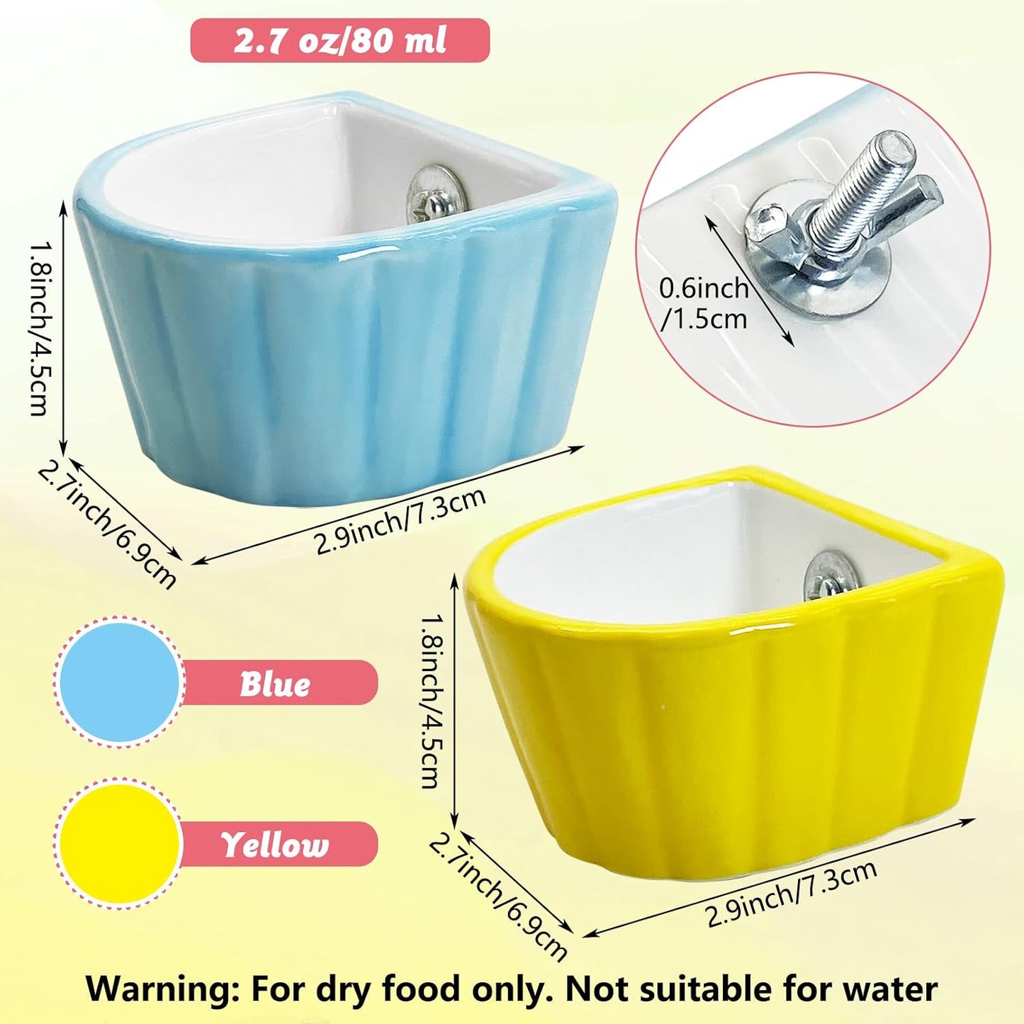 2 Pcs Bird Cage Feeder Ceramic Pet Bird Bowls Parrot Feeding Dish Hanging Parrot Food Bowl for Budgie Finches Lovebirds Parakeet Cockatiels (Blue & Yellow)