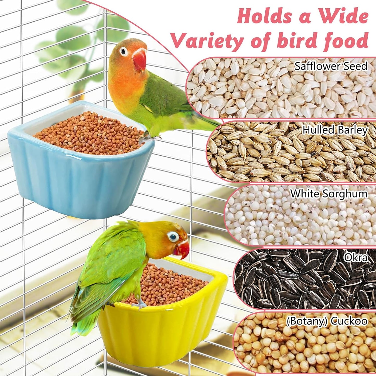 2 Pcs Bird Cage Feeder Ceramic Pet Bird Bowls Parrot Feeding Dish Hanging Parrot Food Bowl for Budgie Finches Lovebirds Parakeet Cockatiels (Blue & Yellow)