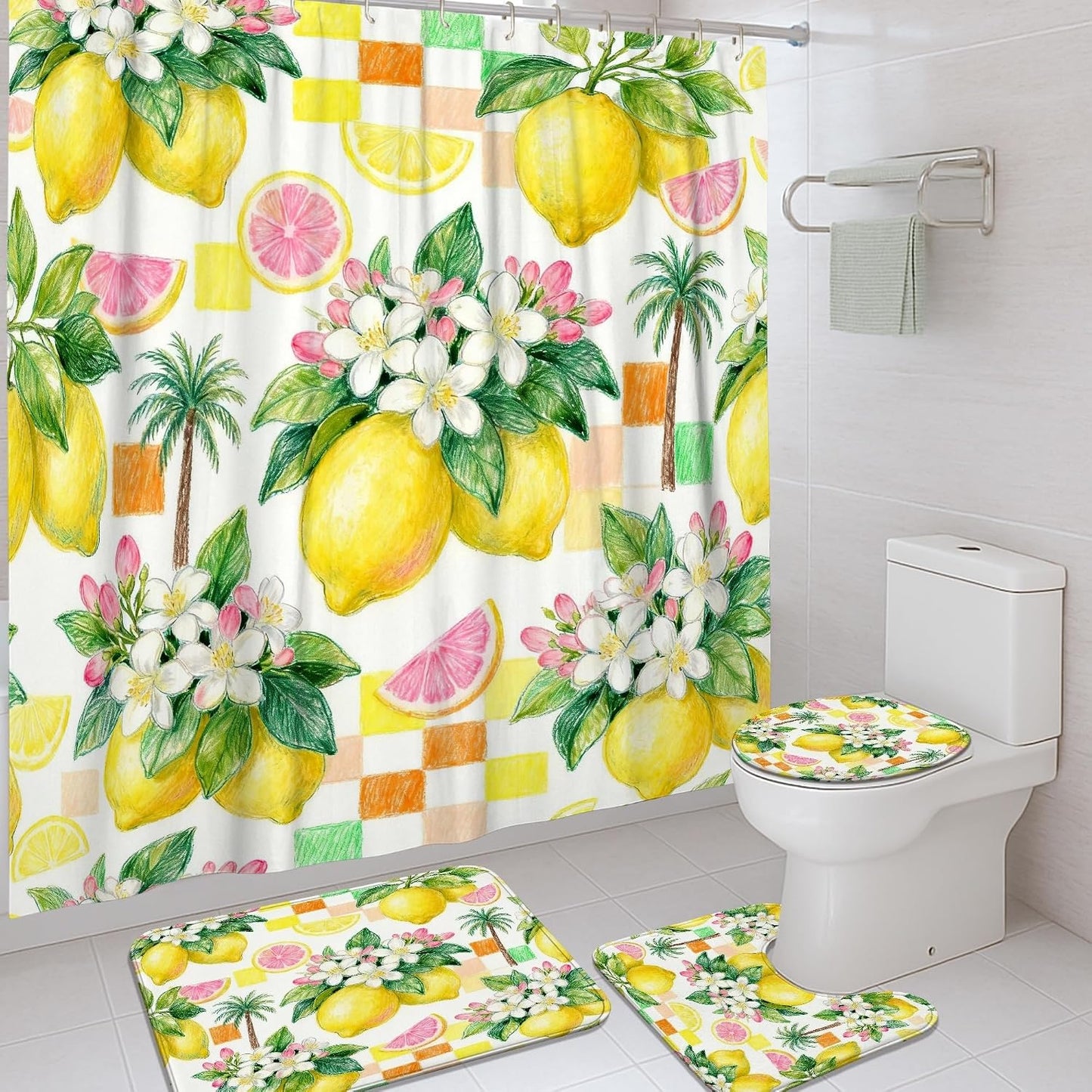 Lemon Shower Curtain Sets, Summer Tropical Palm Flower Summer Yellow Polyester Waterproof Bathroom Set with Print Cloth Curtains and Rugs Decorative for Toile Guest Room 72x72 Inch