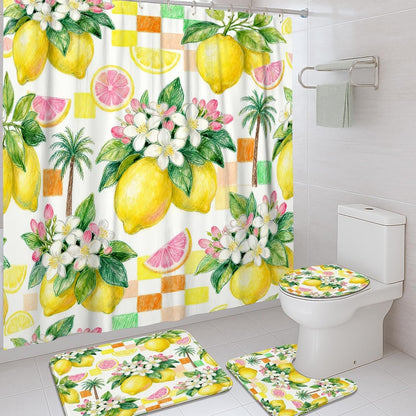 Lemon Shower Curtain Sets, Summer Tropical Palm Flower Summer Yellow Polyester Waterproof Bathroom Set with Print Cloth Curtains and Rugs Decorative for Toile Guest Room 72x72 Inch