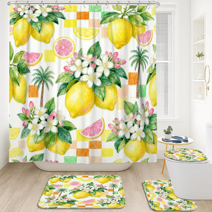 Lemon Shower Curtain Sets, Summer Tropical Palm Flower Summer Yellow Polyester Waterproof Bathroom Set with Print Cloth Curtains and Rugs Decorative for Toile Guest Room 72x72 Inch