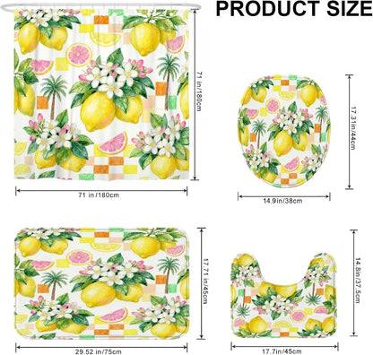 Lemon Shower Curtain Sets, Summer Tropical Palm Flower Summer Yellow Polyester Waterproof Bathroom Set with Print Cloth Curtains and Rugs Decorative for Toile Guest Room 72x72 Inch