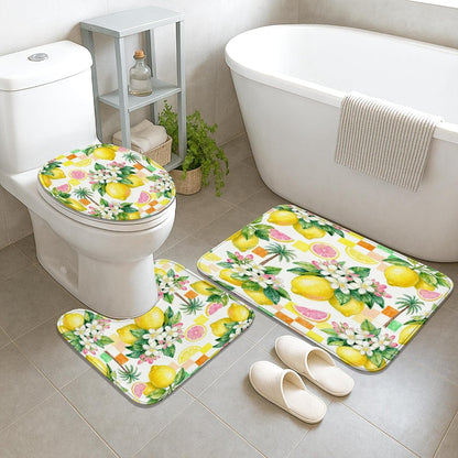 Lemon Shower Curtain Sets, Summer Tropical Palm Flower Summer Yellow Polyester Waterproof Bathroom Set with Print Cloth Curtains and Rugs Decorative for Toile Guest Room 72x72 Inch