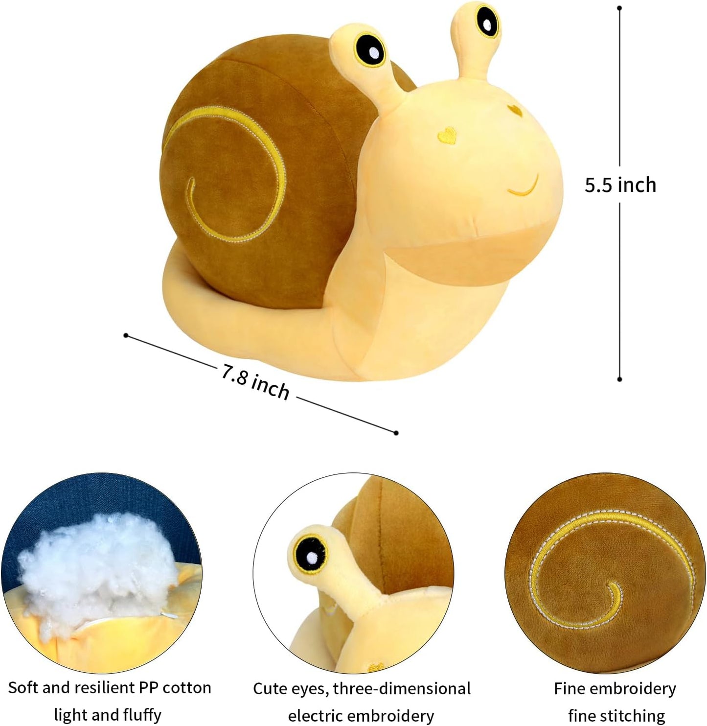 Snail Plush Pillow, Yellow 7.8 Inch, Cute Stuffed Animal Plushies | 4 Sizes Soft Snail Toy Plush, Hidden Zipper, Kawaii Home Decor Gifts for Adults and Kids