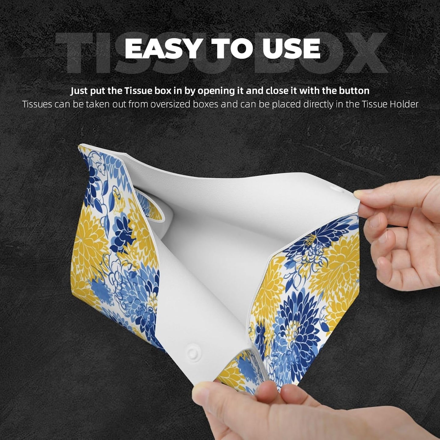 Flower Blue Floral Yellow Rectangular Tissue Box Cover, Square Tissue Boxes Holder for Home Bathroom Car Office Countertop Decor 7.9"x4.9"x4.5"
