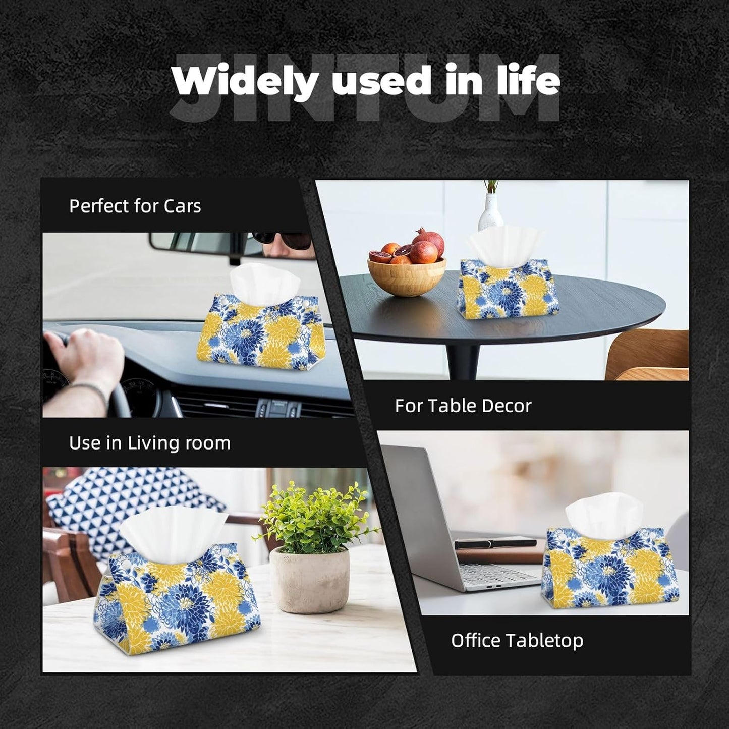 Flower Blue Floral Yellow Rectangular Tissue Box Cover, Square Tissue Boxes Holder for Home Bathroom Car Office Countertop Decor 7.9"x4.9"x4.5"