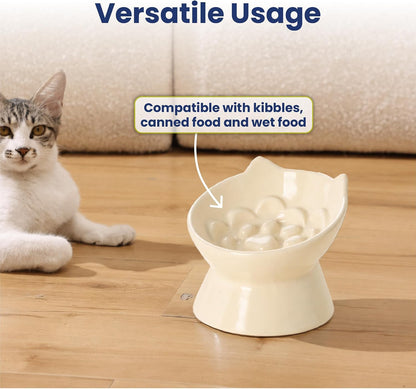 Lynx Ceramic Raised Slow Dog & Cat Elevated Food Bowl, Daisy Yellow | Tilted 15° Elevated Pet Food Bowl, Whisker-Friendly, Anti-Choking Dish, Dishwasher Safe, Nonslip, Food Grade Material