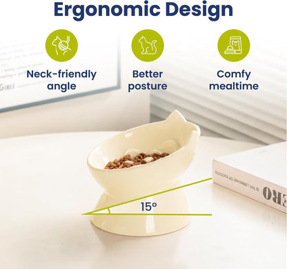 Lynx Ceramic Raised Slow Dog & Cat Elevated Food Bowl, Daisy Yellow | Tilted 15° Elevated Pet Food Bowl, Whisker-Friendly, Anti-Choking Dish, Dishwasher Safe, Nonslip, Food Grade Material