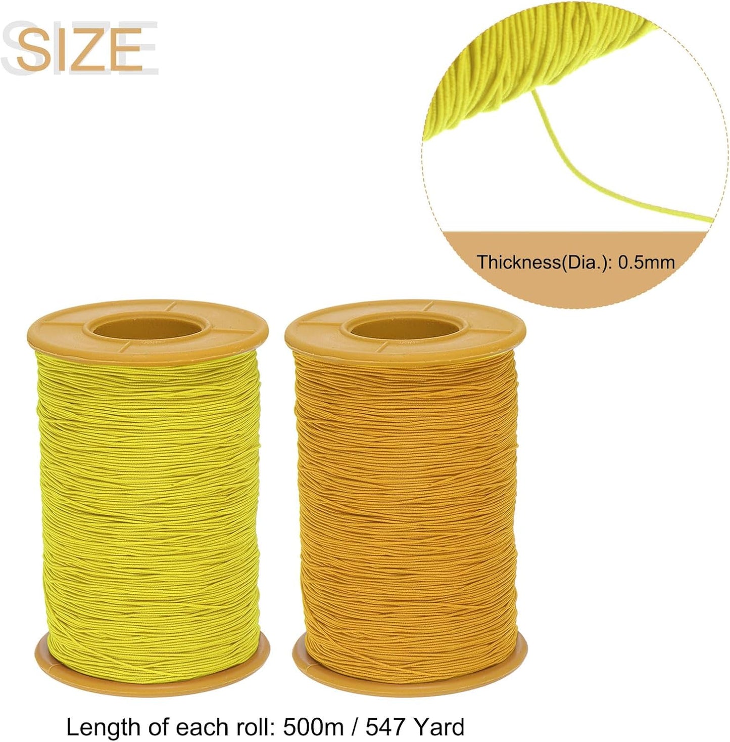 2pcs Elastic Sewing Thread 547 Yards 0.5mm Thickness Latex Tailoring Craft Sewing Thread for Hand Sewing, Gathering, Embroidery, Sewing Machine, Gold Yellow & Yellow
