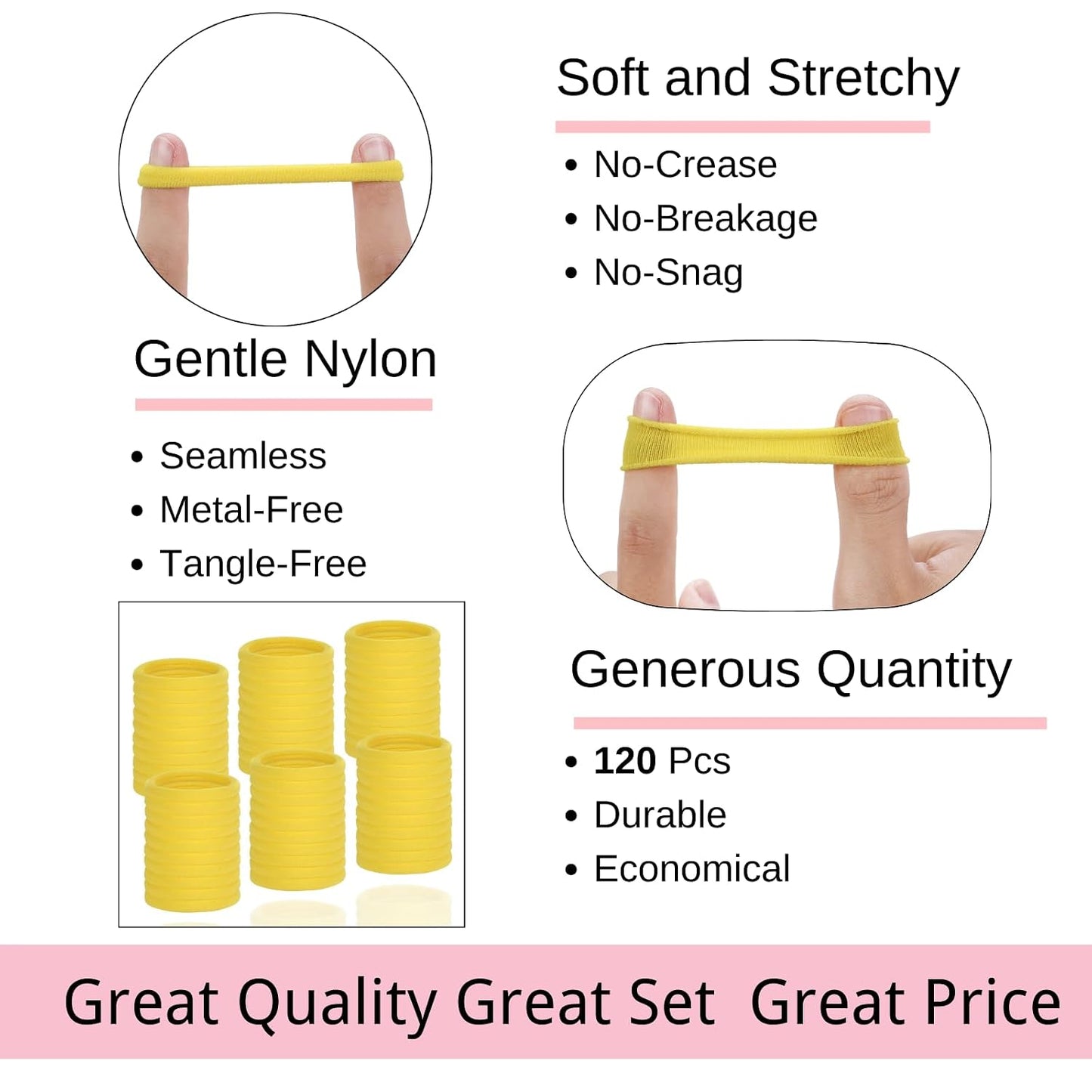 120 Pcs Yellow Hair Ties for Women, No Damage Soft Seamless Nylon Hair Elastics for Thick Hair, Ponytail Holders, Solid Yellow Hair Accessories