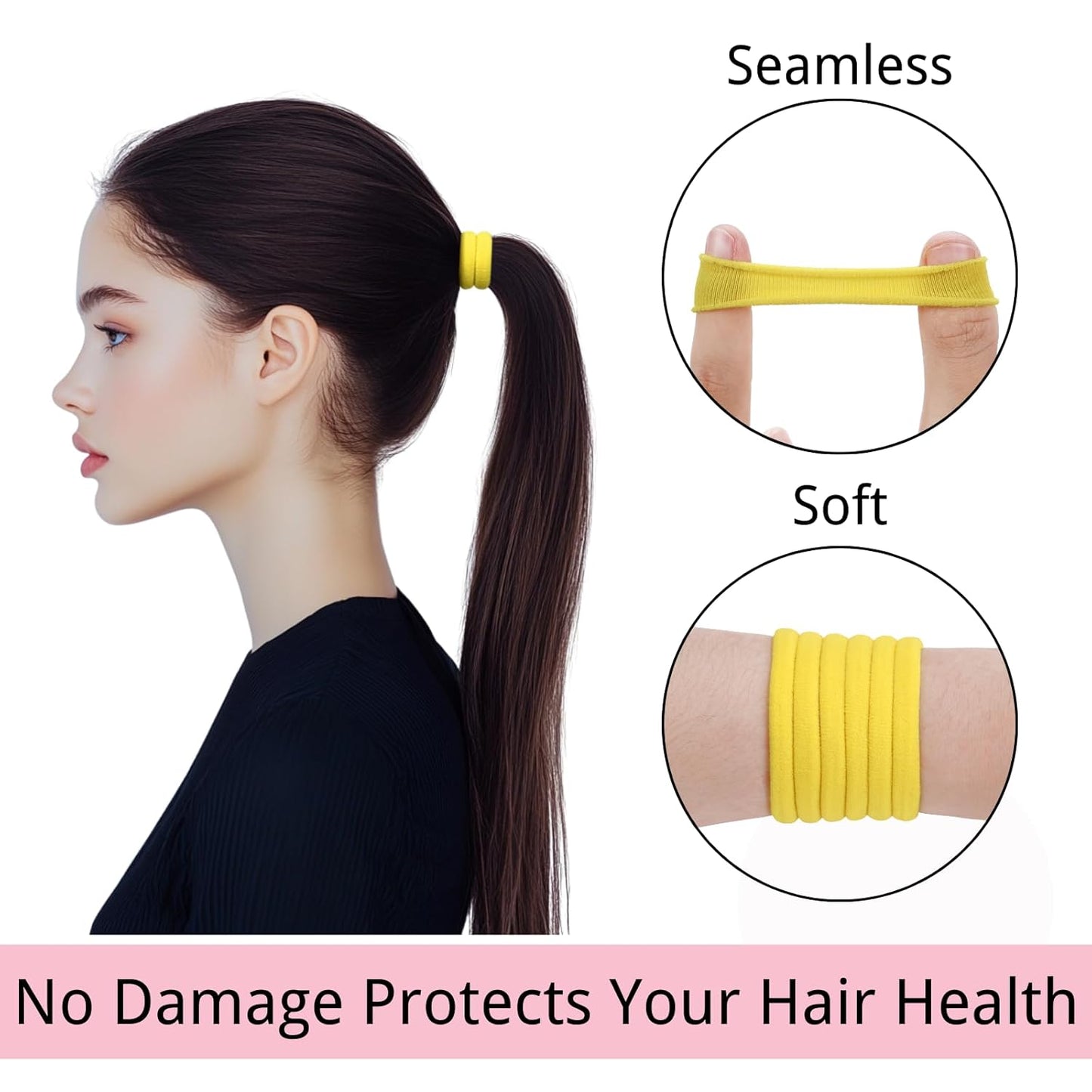 120 Pcs Yellow Hair Ties for Women, No Damage Soft Seamless Nylon Hair Elastics for Thick Hair, Ponytail Holders, Solid Yellow Hair Accessories