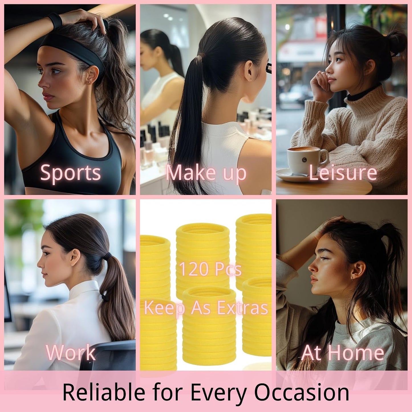 120 Pcs Yellow Hair Ties for Women, No Damage Soft Seamless Nylon Hair Elastics for Thick Hair, Ponytail Holders, Solid Yellow Hair Accessories