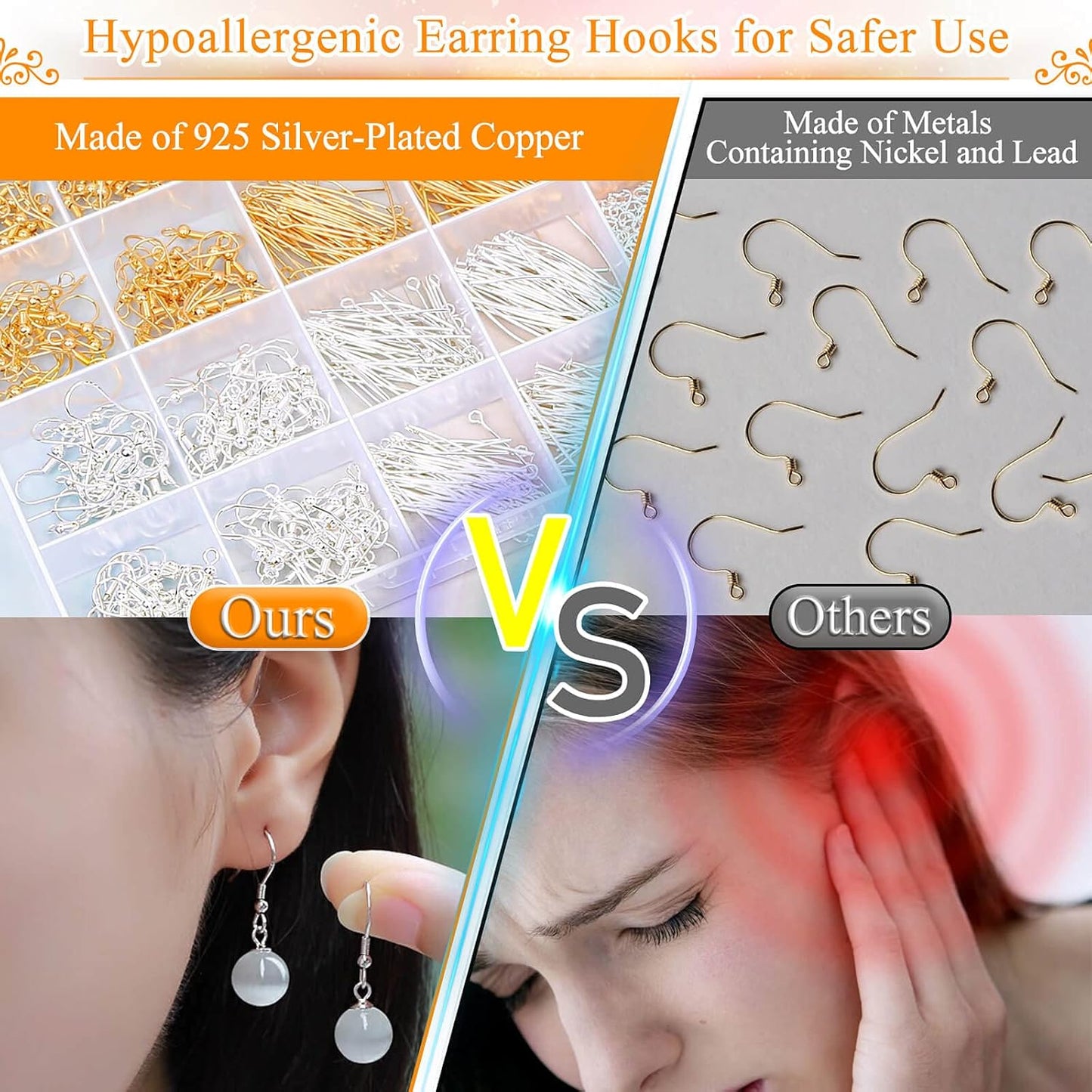 Hypoallergenic Earring Making Kit, 2000Pcs Earring Making Supplies Kit with Hypoallergenic Hooks, Earring Findings, Backs, Pins Jump Rings for Jewelry Making Supplies