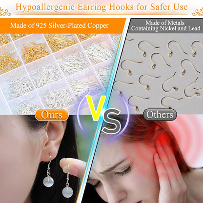 Hypoallergenic Earring Making Kit, 2000Pcs Earring Making Supplies Kit with Hypoallergenic Hooks, Earring Findings, Backs, Pins Jump Rings for Jewelry Making Supplies
