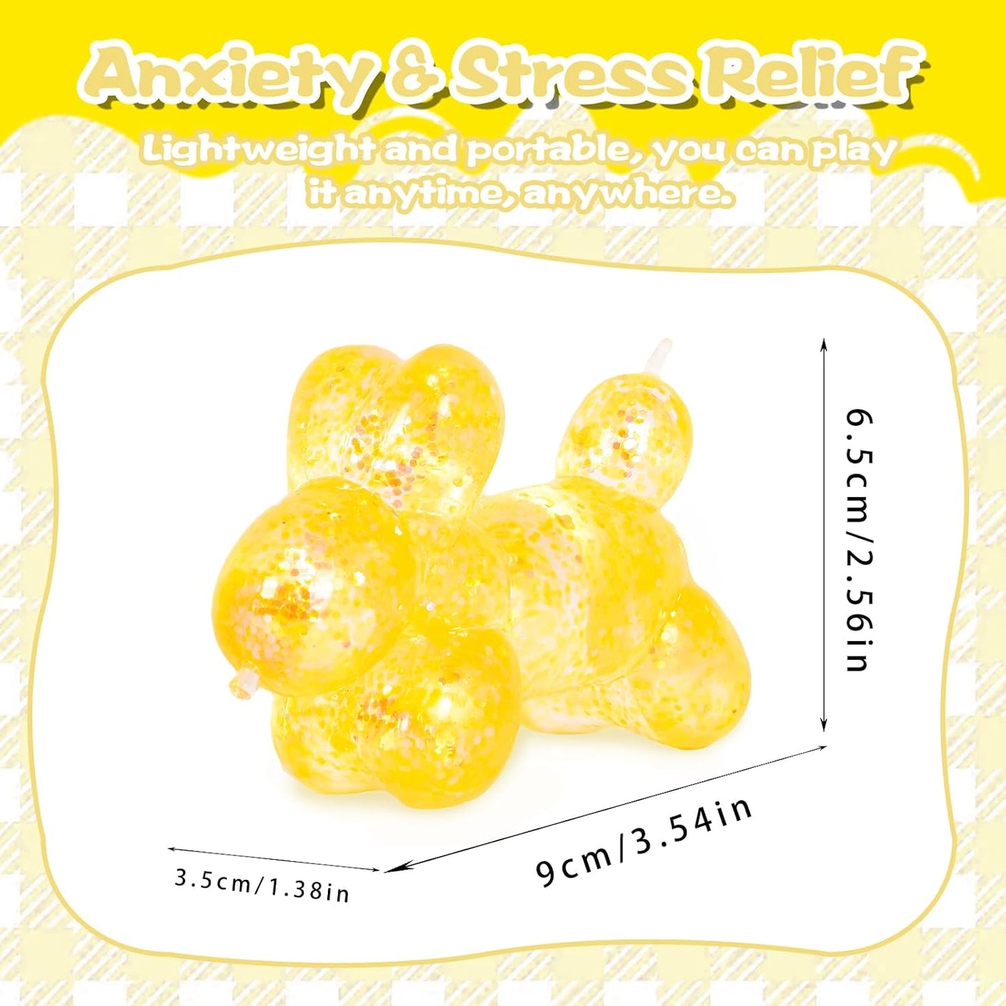 Glitter Balloon Dog Squishy Toy, Soft Stretchy Sensory Squeeze Toy for Kids Ages 3+ & Adults, Cute Balloon Animal Desk Toy for Home, Travel, Party Favors & Birthday Gifts(Yellow)