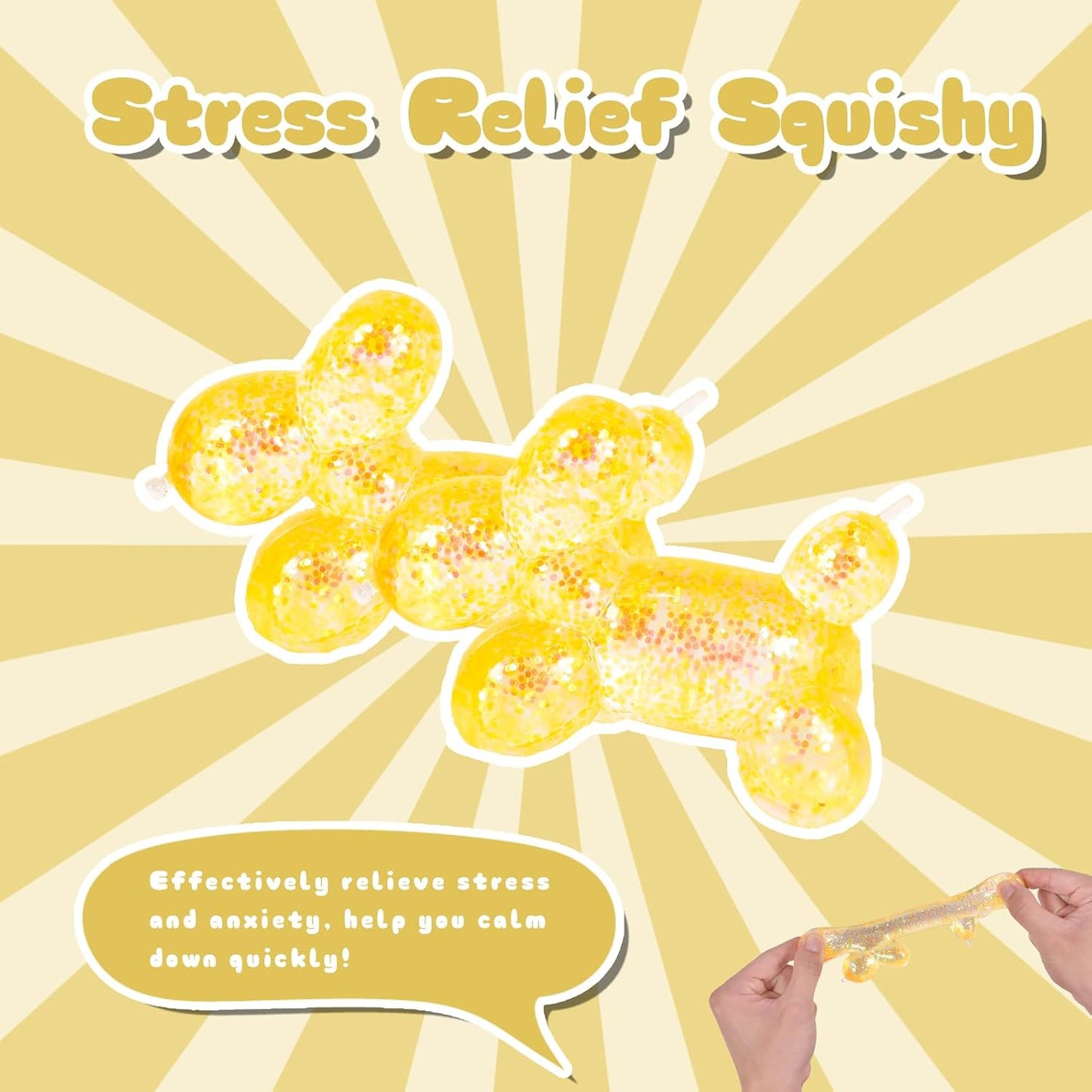 Glitter Balloon Dog Squishy Toy, Soft Stretchy Sensory Squeeze Toy for Kids Ages 3+ & Adults, Cute Balloon Animal Desk Toy for Home, Travel, Party Favors & Birthday Gifts(Yellow)