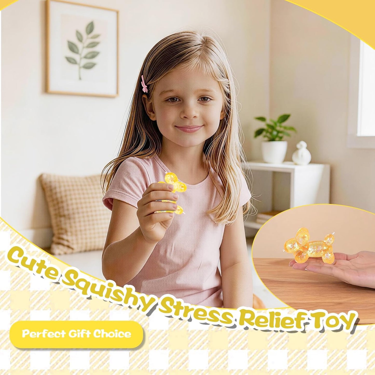 Glitter Balloon Dog Squishy Toy, Soft Stretchy Sensory Squeeze Toy for Kids Ages 3+ & Adults, Cute Balloon Animal Desk Toy for Home, Travel, Party Favors & Birthday Gifts(Yellow)