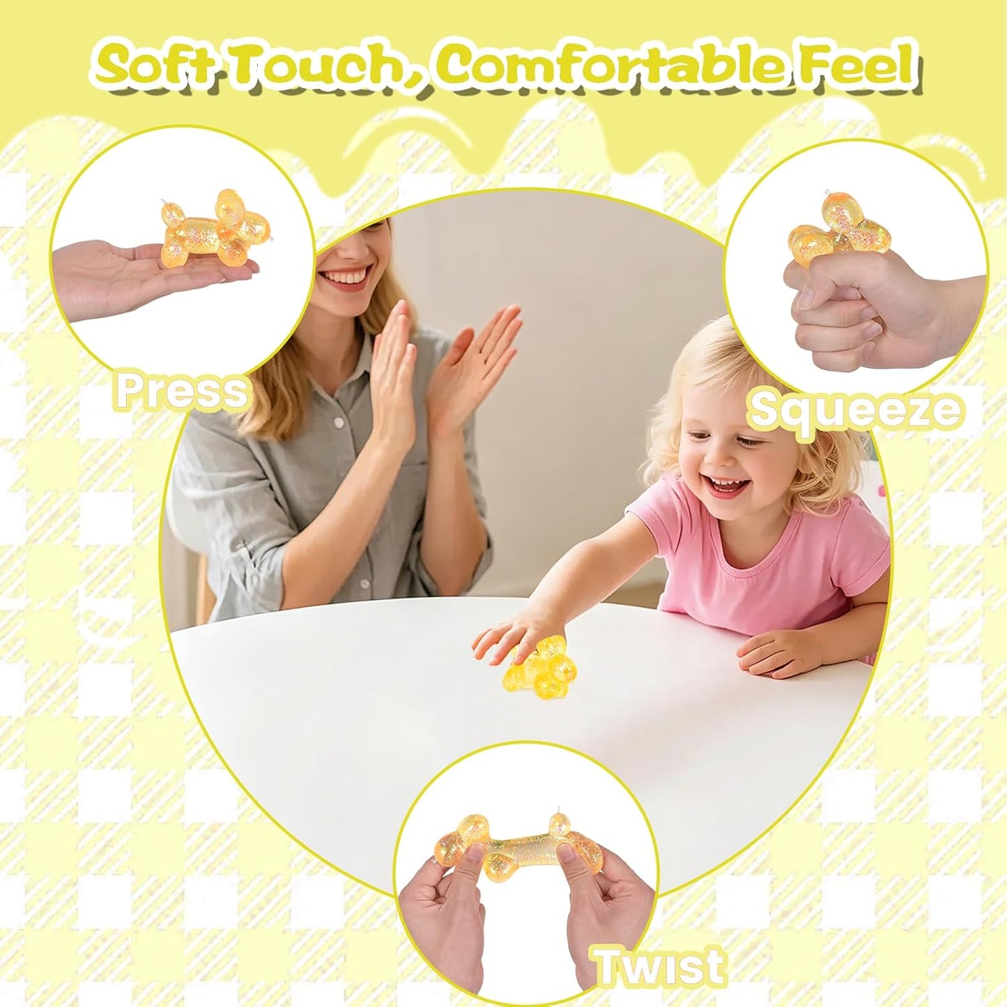 Glitter Balloon Dog Squishy Toy, Soft Stretchy Sensory Squeeze Toy for Kids Ages 3+ & Adults, Cute Balloon Animal Desk Toy for Home, Travel, Party Favors & Birthday Gifts(Yellow)
