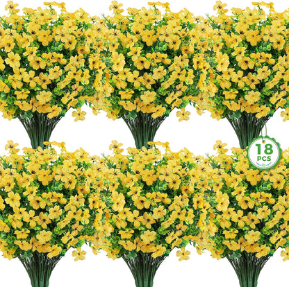 Artificial Flowers for Outdoors, 18 Pcs Fake Daisy Flowers, Yellow | Faux silk flowers with eucalyptus greenery stems, plastic faux plants, UV resistant, spring summer patio garden home decor