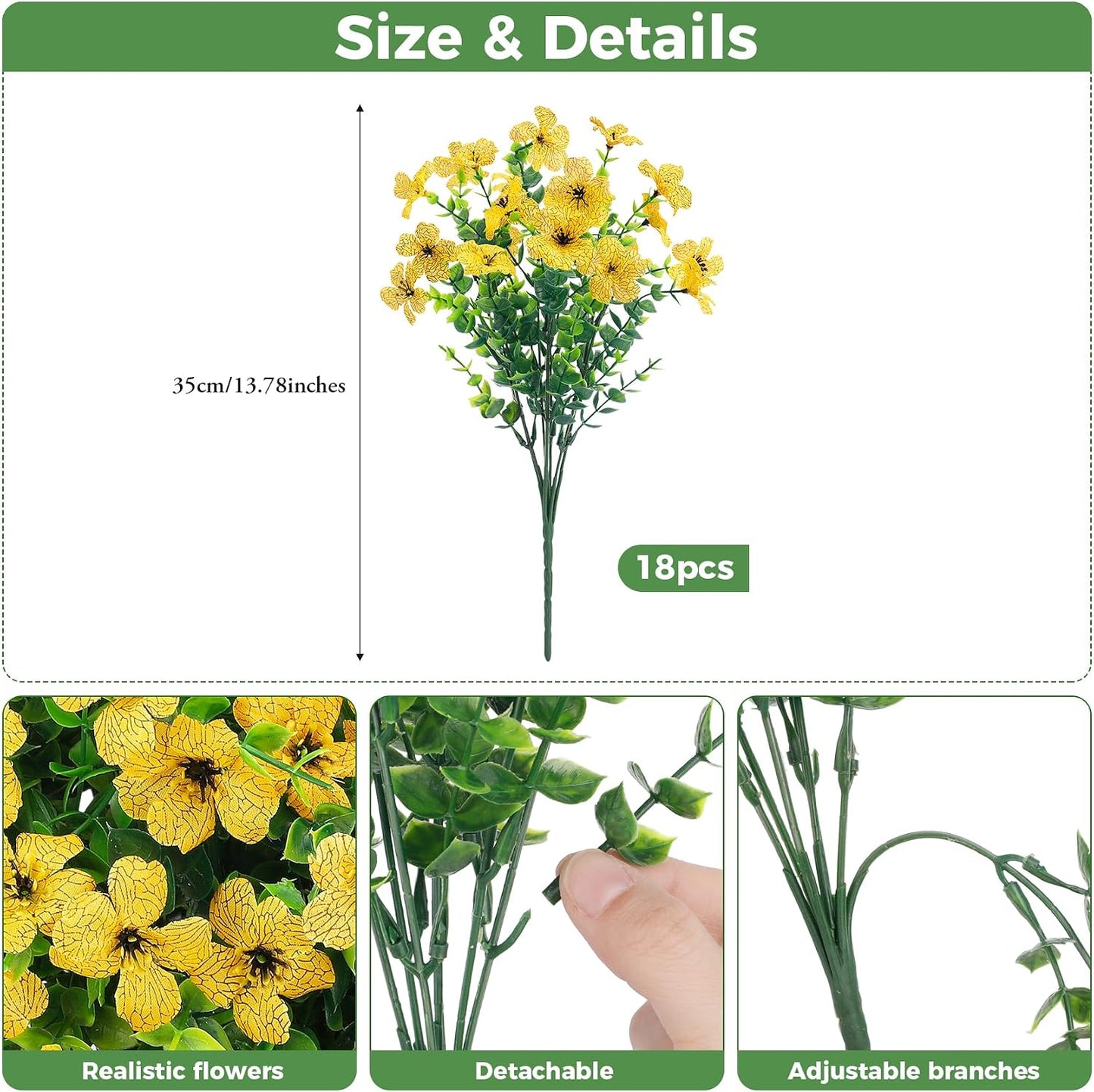 Artificial Flowers for Outdoors, 18 Pcs Fake Daisy Flowers, Yellow | Faux silk flowers with eucalyptus greenery stems, plastic faux plants, UV resistant, spring summer patio garden home decor