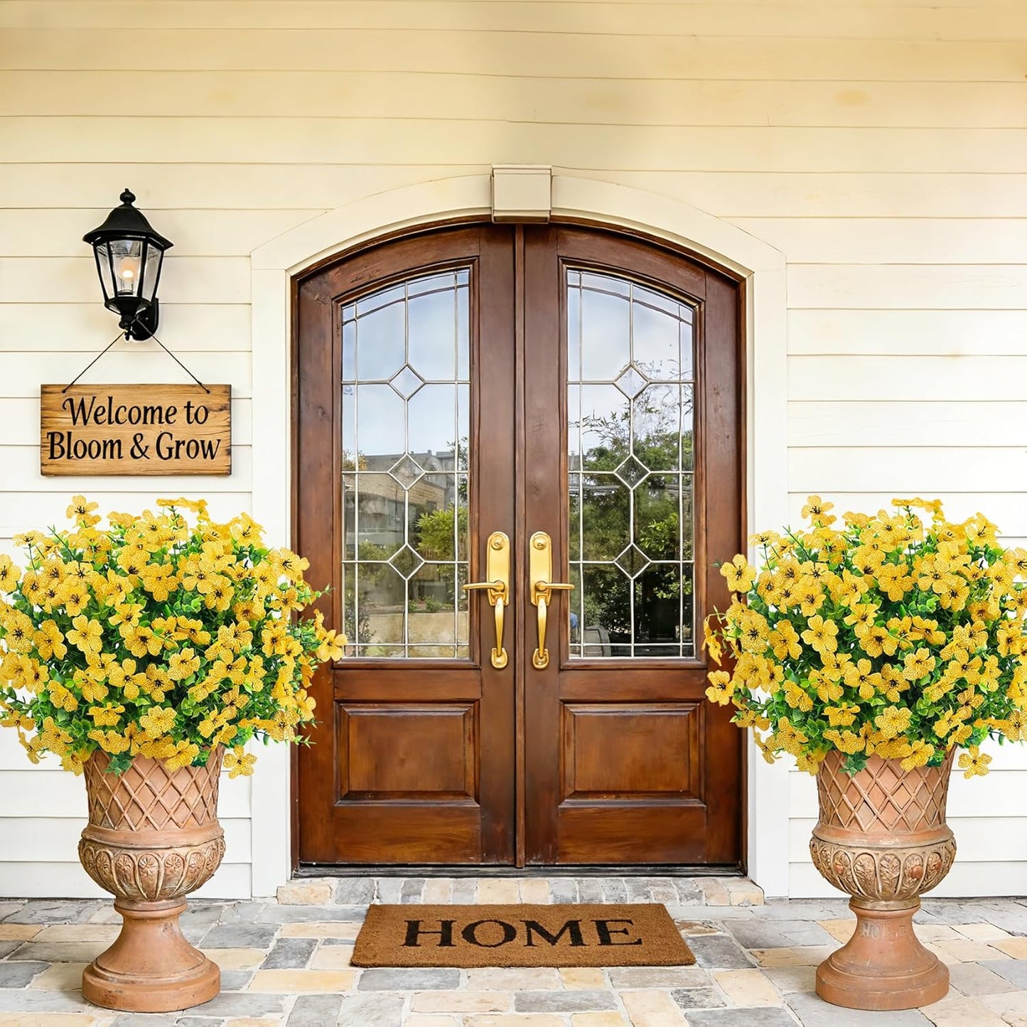 Artificial Flowers for Outdoors, 18 Pcs Fake Daisy Flowers, Yellow | Faux silk flowers with eucalyptus greenery stems, plastic faux plants, UV resistant, spring summer patio garden home decor