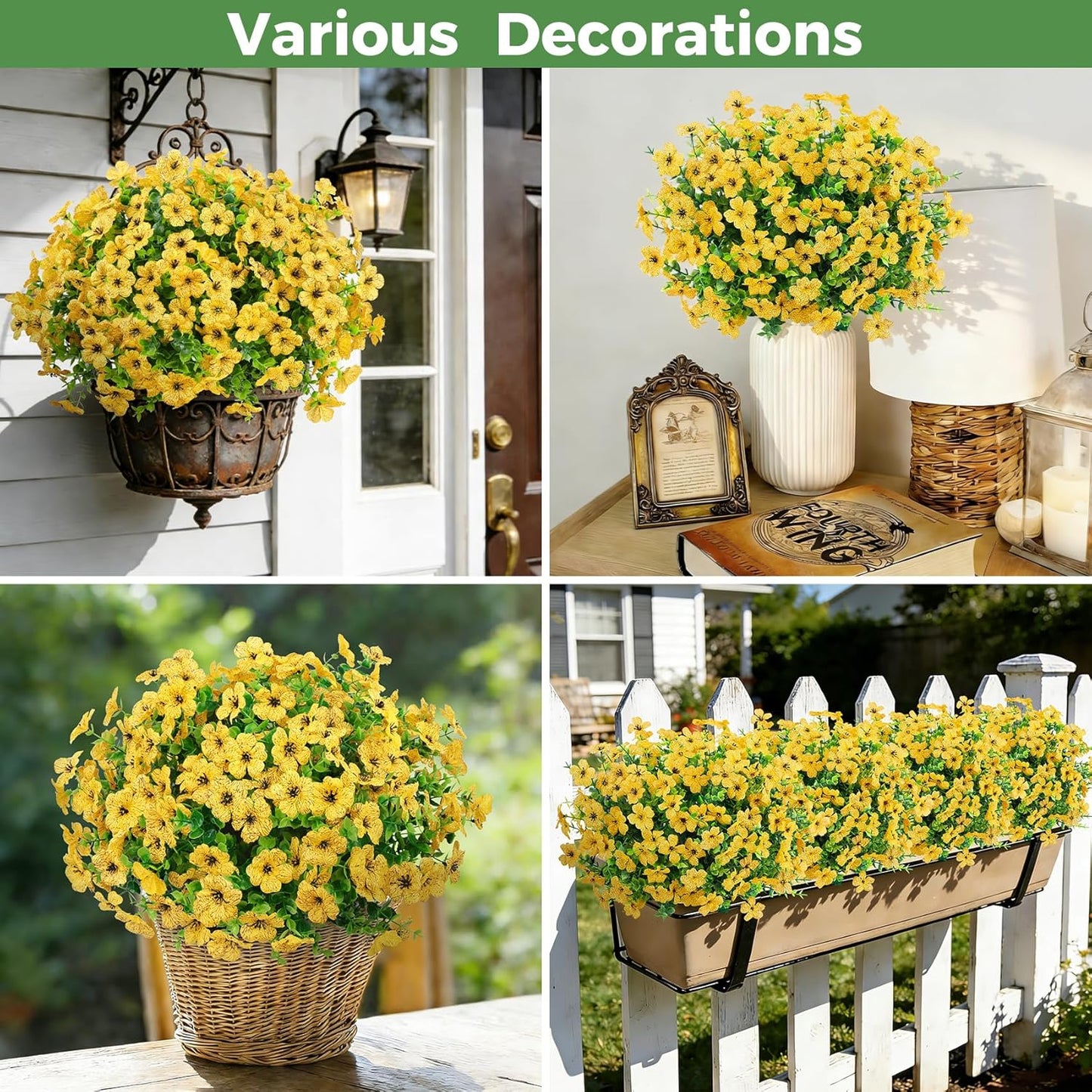 Artificial Flowers for Outdoors, 18 Pcs Fake Daisy Flowers, Yellow | Faux silk flowers with eucalyptus greenery stems, plastic faux plants, UV resistant, spring summer patio garden home decor