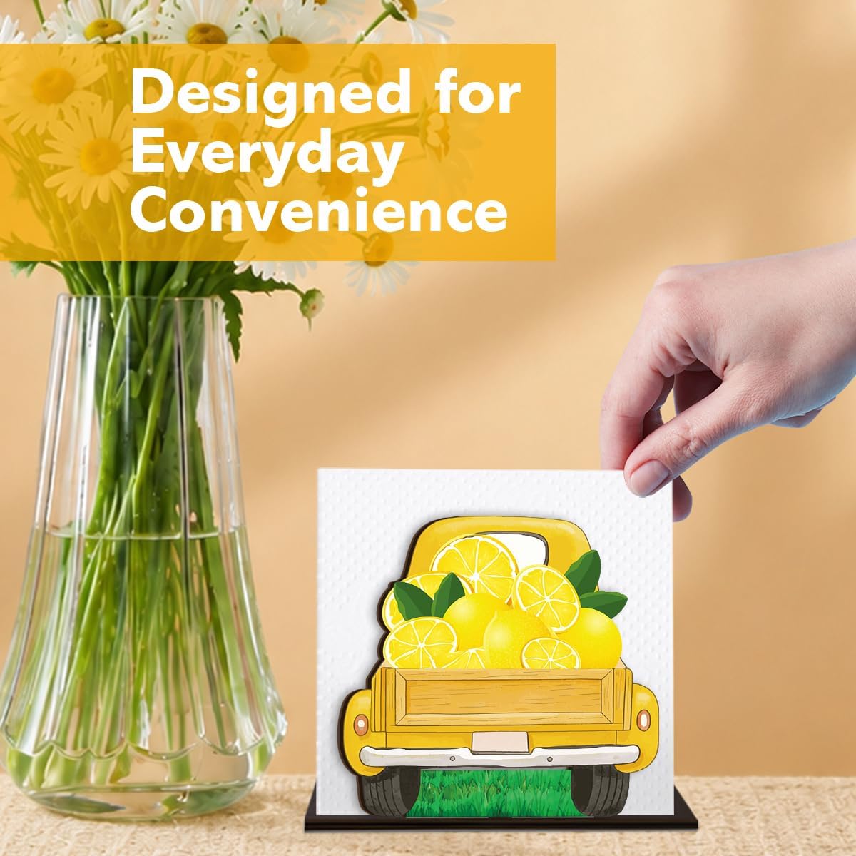Summer Lemon Napkin Holder for Table Decor Yellow Lemon Truck Wooden Napkin Holder Decorations for Home Kitchen Dining Room Bedroom
