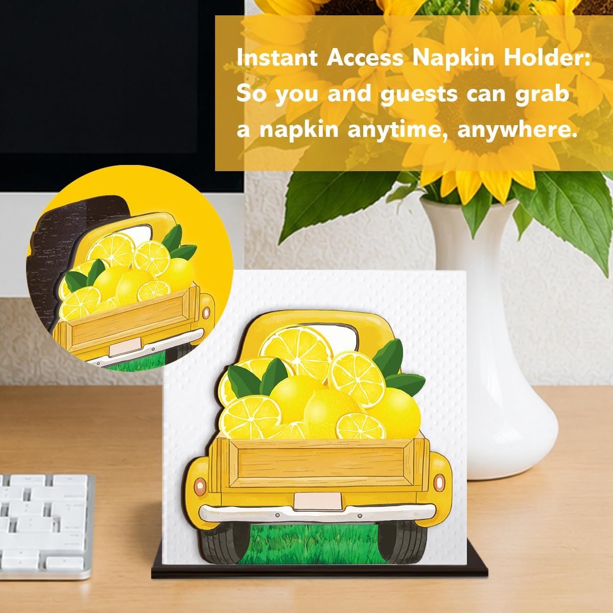 Summer Lemon Napkin Holder for Table Decor Yellow Lemon Truck Wooden Napkin Holder Decorations for Home Kitchen Dining Room Bedroom