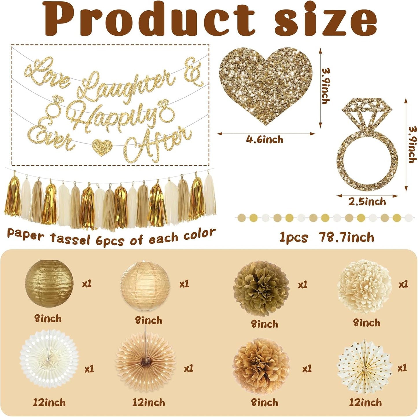 Bridal Shower Decorations,Gold Glitter Bridal Shower Decorations includes Love Laughter Happily Ever After Decorations Paper Flower Ball Wedding Decorations for Home Party Bachelorette Party Supplies