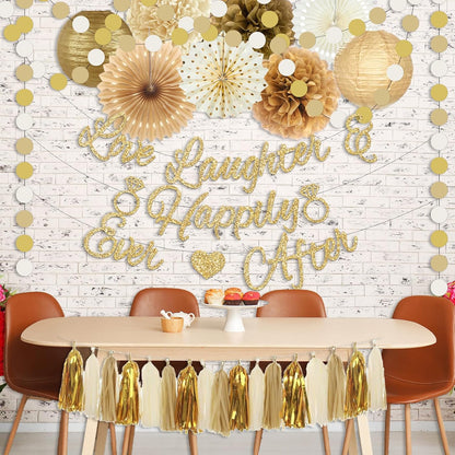Bridal Shower Decorations,Gold Glitter Bridal Shower Decorations includes Love Laughter Happily Ever After Decorations Paper Flower Ball Wedding Decorations for Home Party Bachelorette Party Supplies