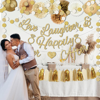 Bridal Shower Decorations,Gold Glitter Bridal Shower Decorations includes Love Laughter Happily Ever After Decorations Paper Flower Ball Wedding Decorations for Home Party Bachelorette Party Supplies