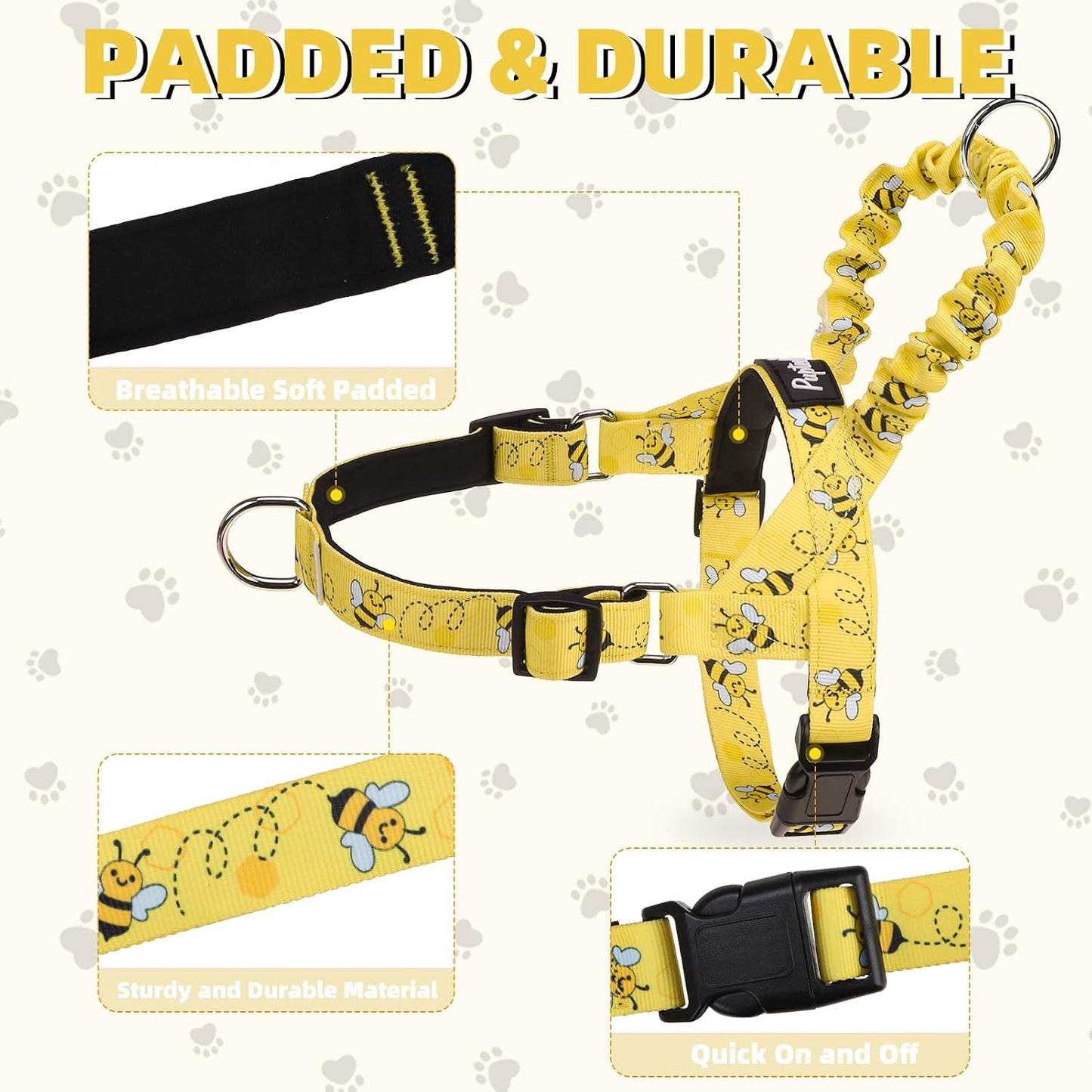 No Pull Dog Harness Small Sized Dog, Adjustable Reflective Pet Vest Harness with Bungee Handle, Escape Proof No Choke Harness for Small Dogs Walking Training, Yellow Bee M