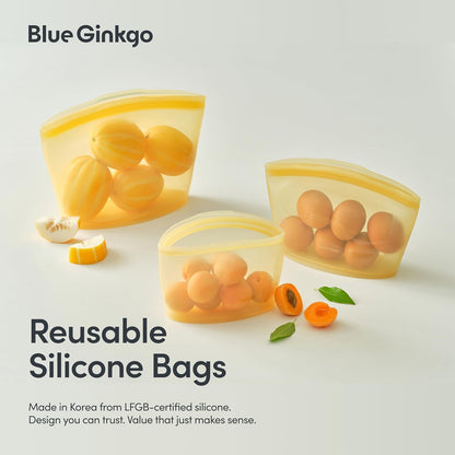 Reusable Silicone Storage Bags – 4-Pack | Korean-Made Stand Up Food, Freezer Bags - Pumkin Yellow