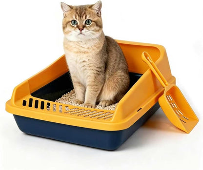 Open Top Cat Litter Box, Low Entry Kitten Pan with Scoop and Mat | Includes scoop and play mat, 14.3x10.8x6.3in, blue, anti-splash lid