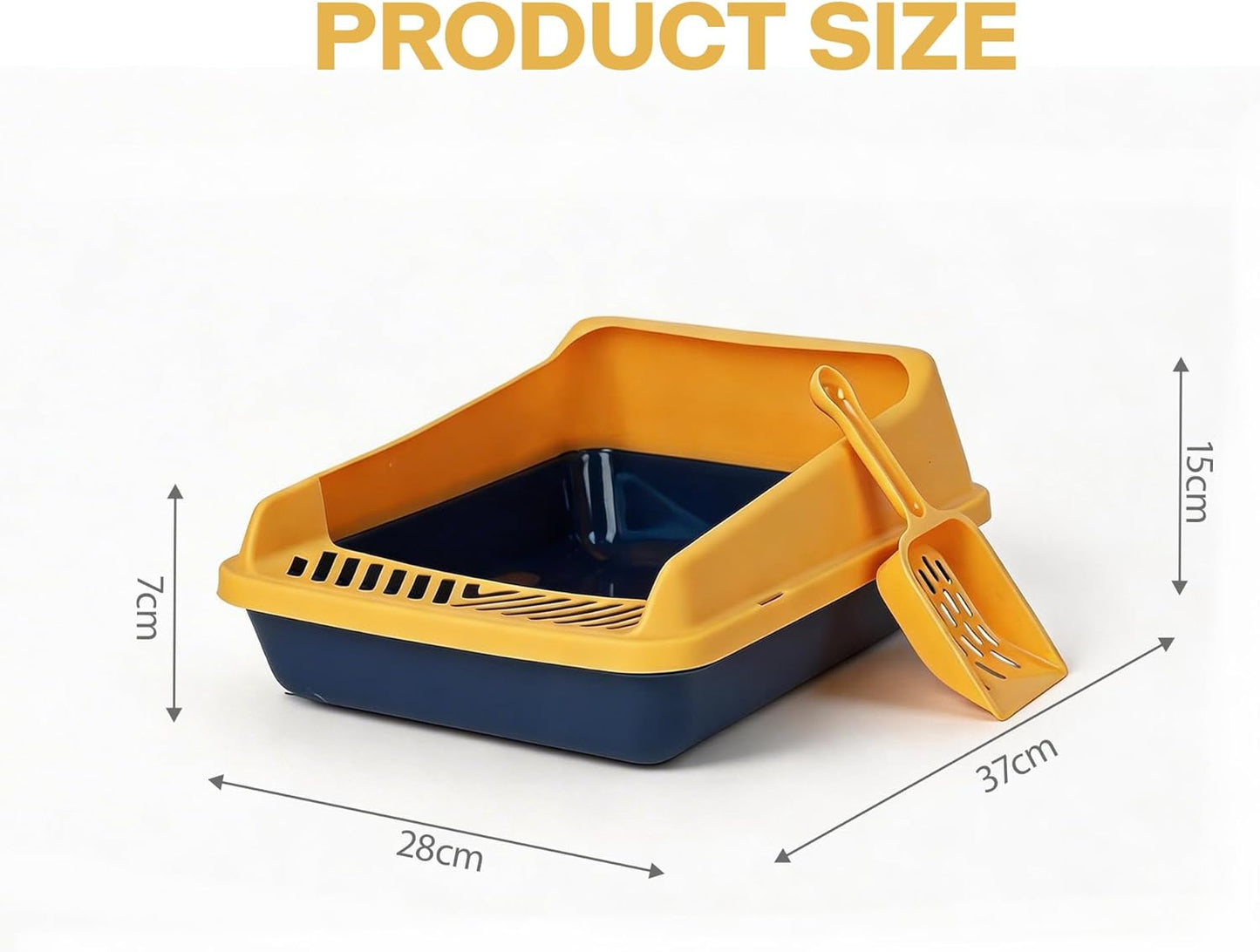 Open Top Cat Litter Box, Low Entry Kitten Pan with Scoop and Mat | Includes scoop and play mat, 14.3x10.8x6.3in, blue, anti-splash lid