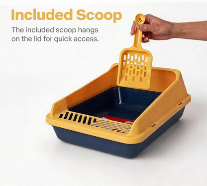 Open Top Cat Litter Box, Low Entry Kitten Pan with Scoop and Mat | Includes scoop and play mat, 14.3x10.8x6.3in, blue, anti-splash lid