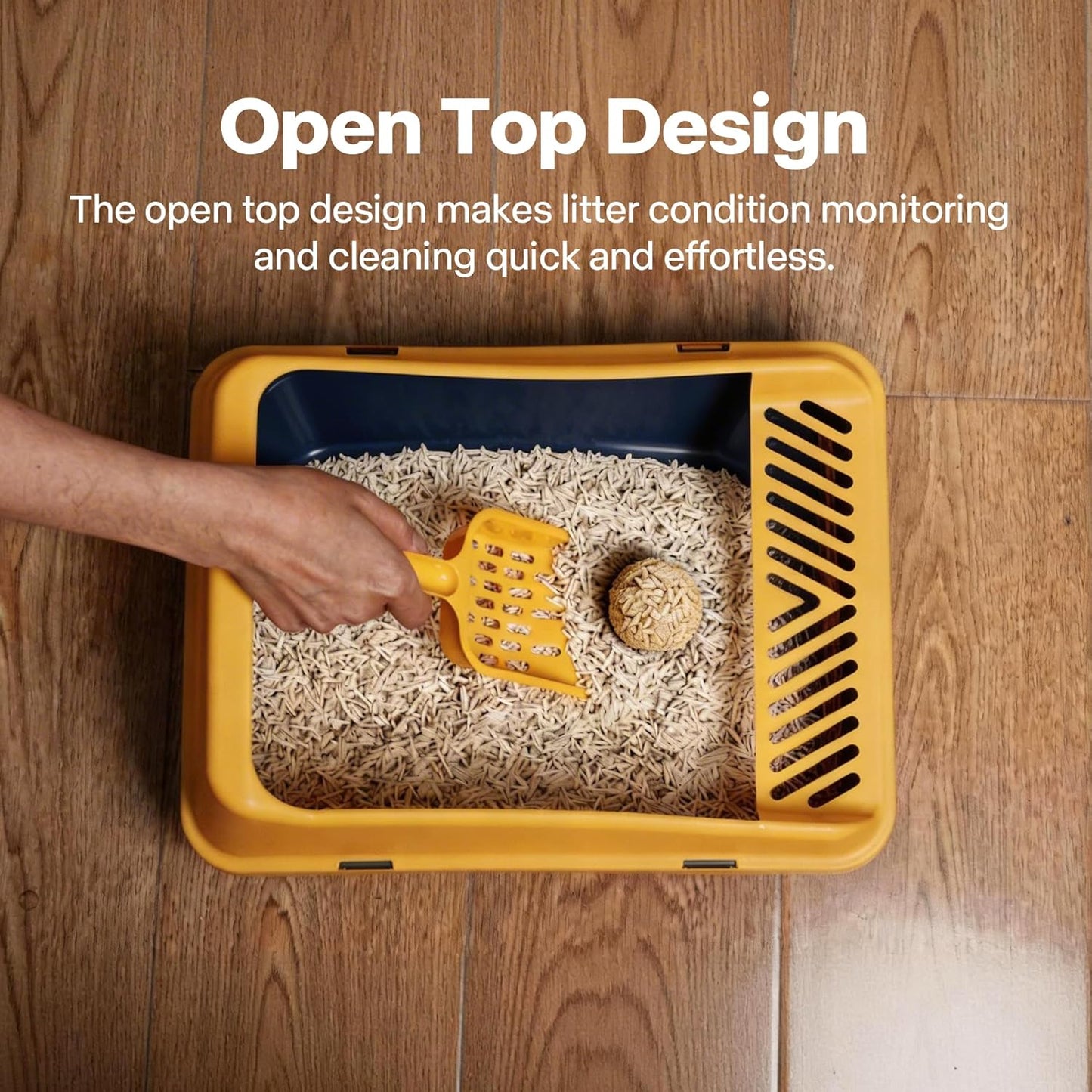 Open Top Cat Litter Box, Low Entry Kitten Pan with Scoop and Mat | Includes scoop and play mat, 14.3x10.8x6.3in, blue, anti-splash lid
