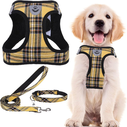 Adjustable Dog Harness Collar and Leash Set Step in No Pull Pet Harness for Small Medium Dogs Puppy and Cats Outdoor Walking Running, Soft Mesh Padded Reflective Vest Harnesses, Yellow, L