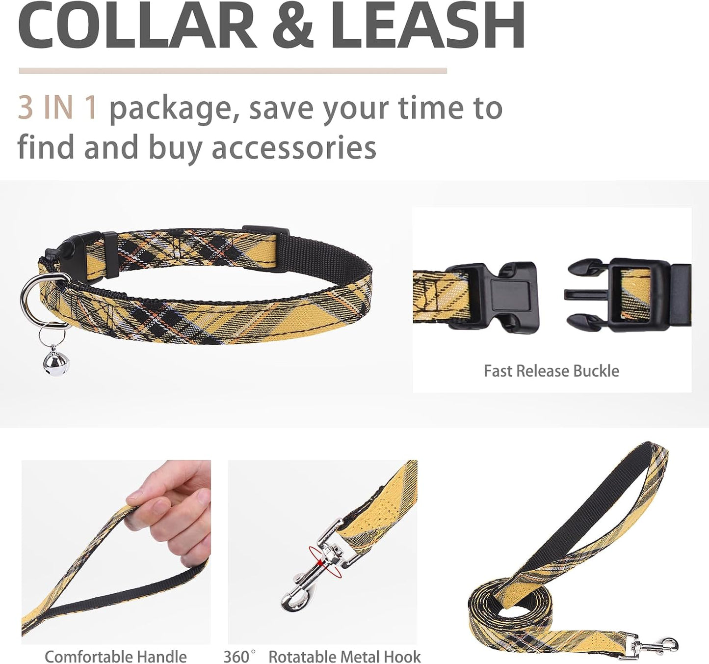 Adjustable Dog Harness Collar and Leash Set Step in No Pull Pet Harness for Small Medium Dogs Puppy and Cats Outdoor Walking Running, Soft Mesh Padded Reflective Vest Harnesses, Yellow, L