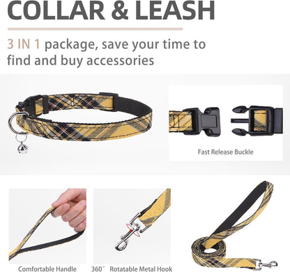 Adjustable Dog Harness Collar and Leash Set Step in No Pull Pet Harness for Small Medium Dogs Puppy and Cats Outdoor Walking Running, Soft Mesh Padded Reflective Vest Harnesses, Yellow, L