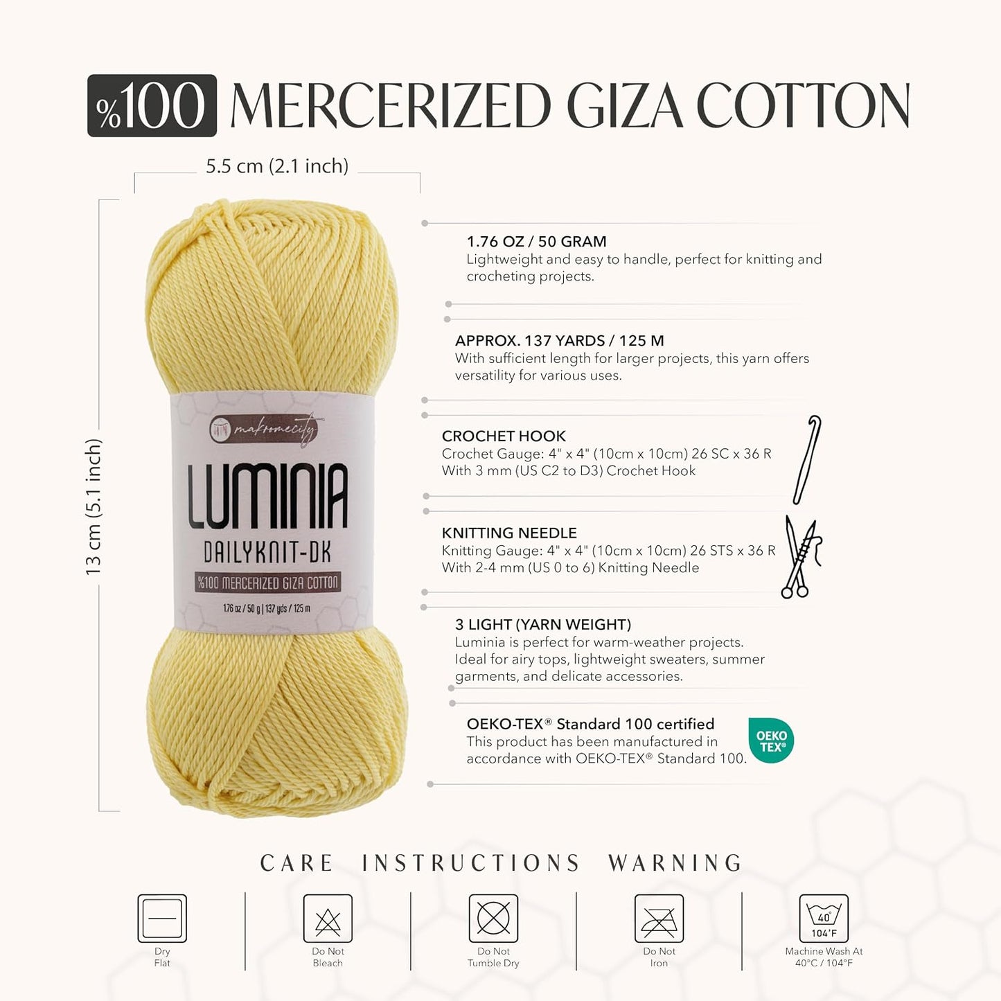 Luminia Mercerized Giza Cotton Yarn, Lightweight #3 DK Yarn for Knitting & Crochet, 50g/137yd, Soft Silky Shine Perfect for Summer Garments, Tops & Baby Projects (Light Yellow, 1 Skein)