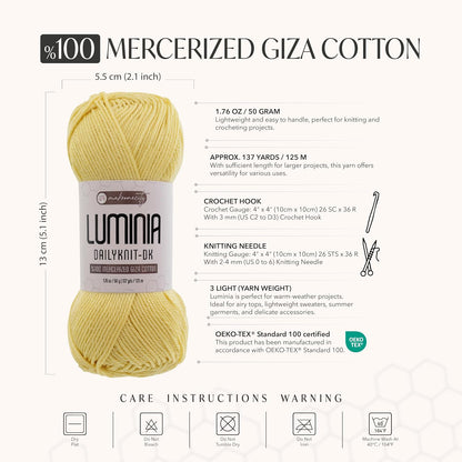 Luminia Mercerized Giza Cotton Yarn, Lightweight #3 DK Yarn for Knitting & Crochet, 50g/137yd, Soft Silky Shine Perfect for Summer Garments, Tops & Baby Projects (Light Yellow, 1 Skein)