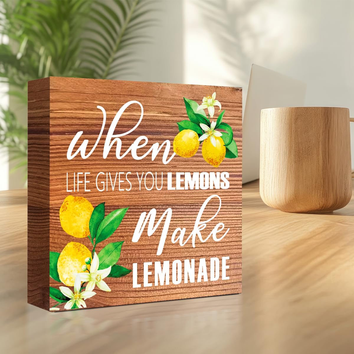 Lemons Kitchen Decor Sign For Countertops, When Life Gives You Lemons Make Lemonade Sign, Small Lemon Theme Yellow Kitchen Decor Accessories For Desk Shelf, Lemonade Bar Signs V517