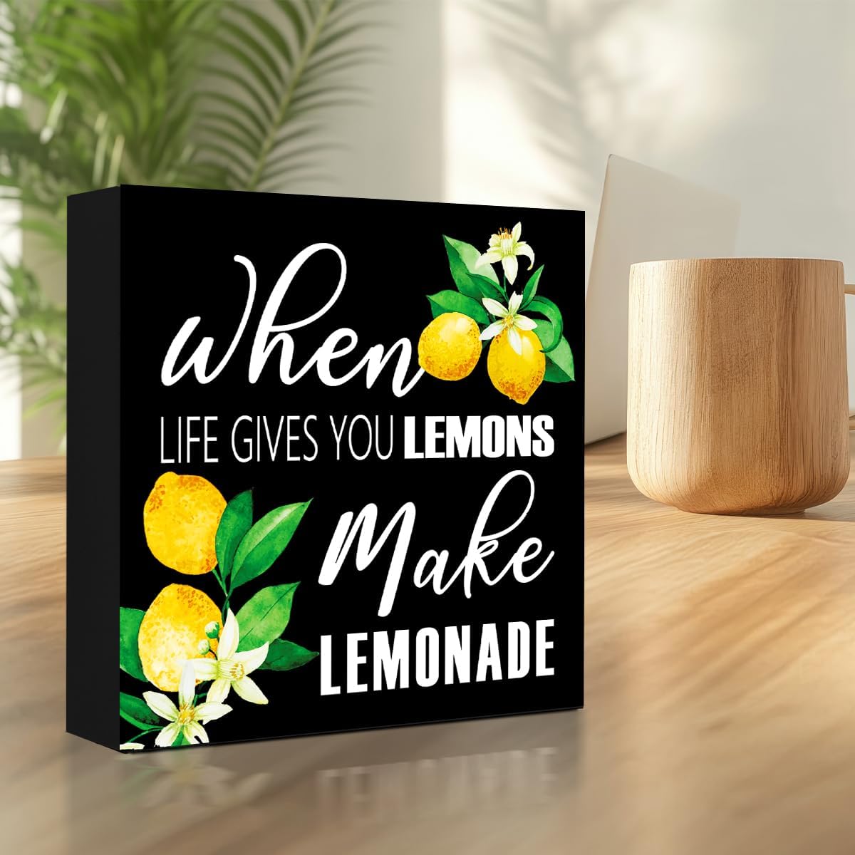 Lemons Kitchen Decor Sign For Countertops, When Life Gives You Lemons Make Lemonade Sign, Small Lemon Theme Yellow Kitchen Decor Accessories For Desk Shelf, Lemonade Bar Signs V517