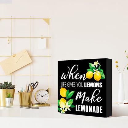 Lemons Kitchen Decor Sign For Countertops, When Life Gives You Lemons Make Lemonade Sign, Small Lemon Theme Yellow Kitchen Decor Accessories For Desk Shelf, Lemonade Bar Signs V517