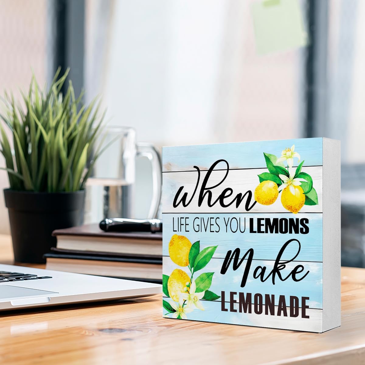 Lemons Kitchen Decor Sign For Countertops, When Life Gives You Lemons Make Lemonade Sign, Small Lemon Theme Yellow Kitchen Decor Accessories For Desk Shelf, Lemonade Bar Signs V517